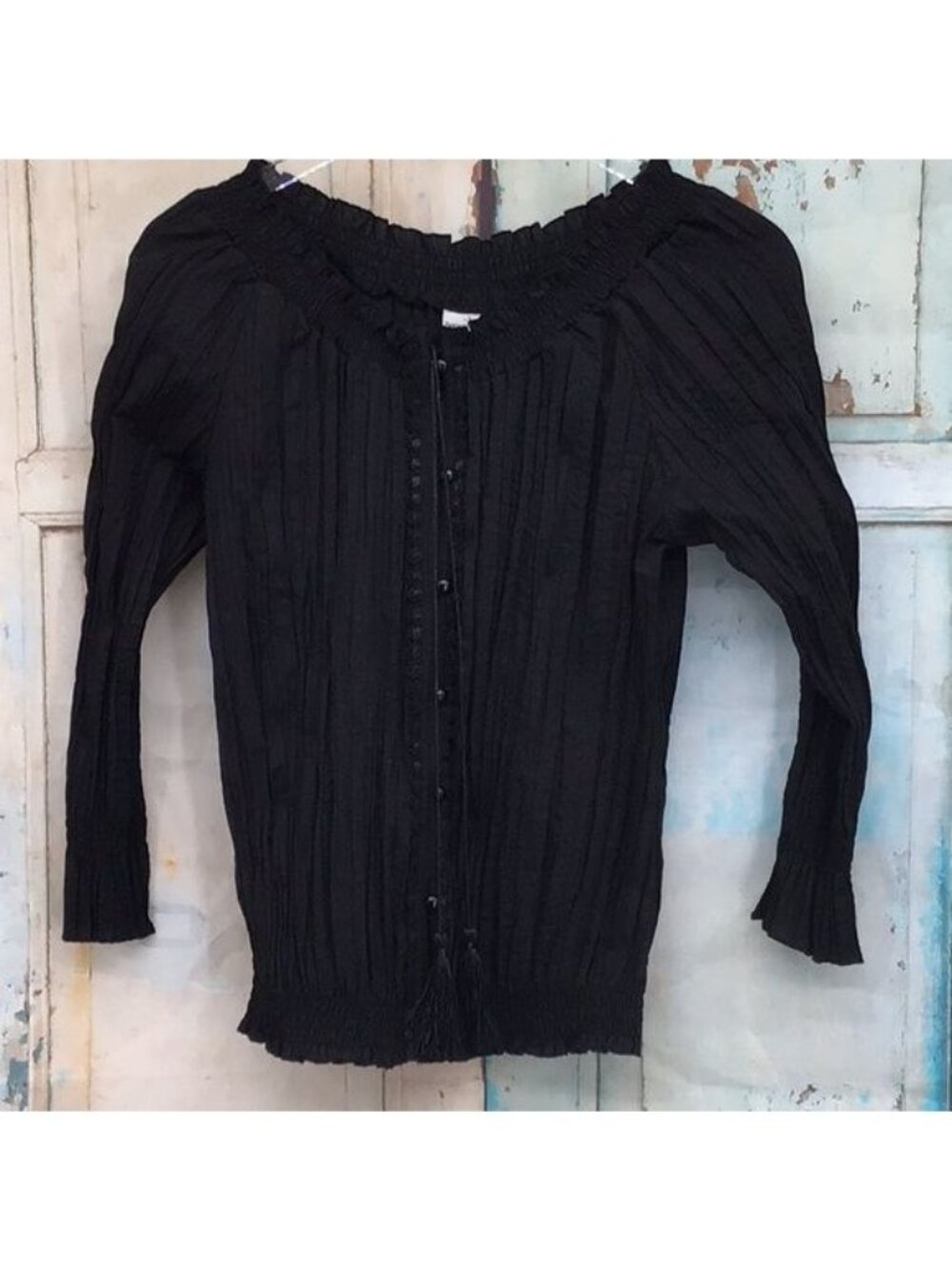 Black Harve Benard Crinkle Crepe Poet Peasant Blouse Lace Trim & Tassel Details